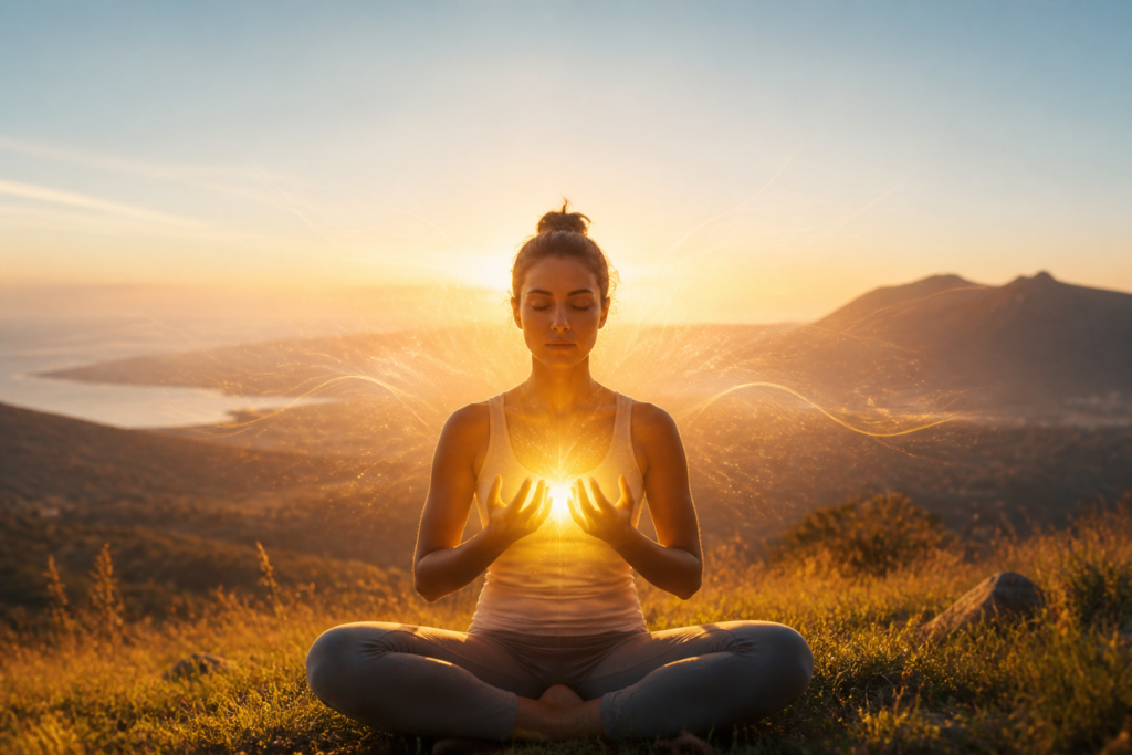 Personne méditant au lever du soleil, symbole de confiance en soi et d'équilibre émotionnel avec des mains lumineuses et des citations positives flottantes