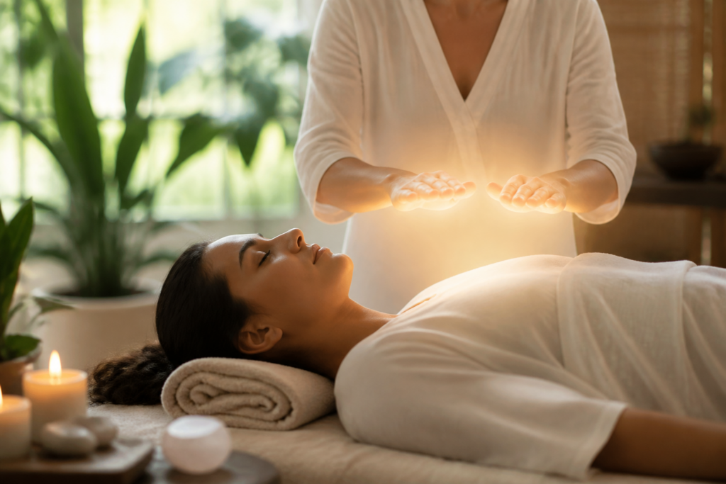 Personne recevant une séance de Reiki avec des mains lumineuses pour illustrer l'équilibre émotionnel et les soins énergétiques