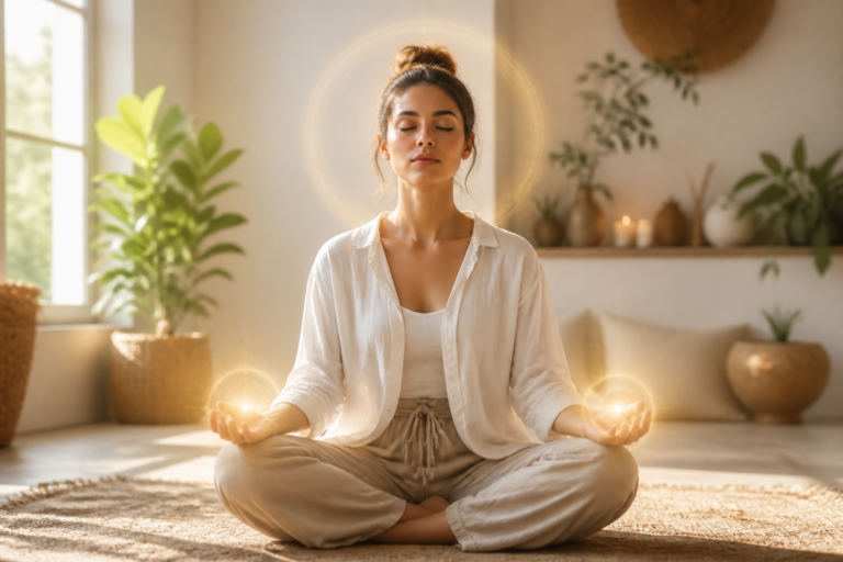 Personne méditant, entourée d'une aura lumineuse douce symbolisant l'énergie et le bien-être