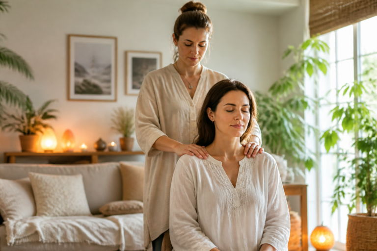 Séance de Reiki à domicile avec un praticien posant les mains sur les épaules d'une personne détendue dans un salon chaleureux
