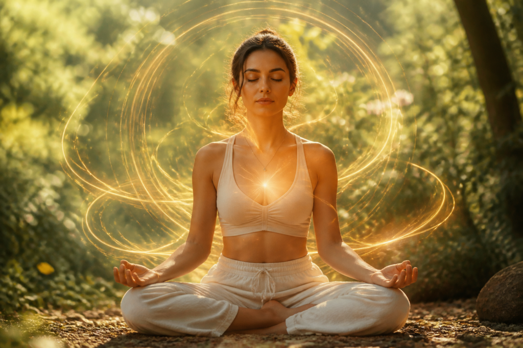 Femme méditant en posture de yoga avec des motifs lumineux symbolisant le magnétisme émotionnel et l'équilibre émotionnel