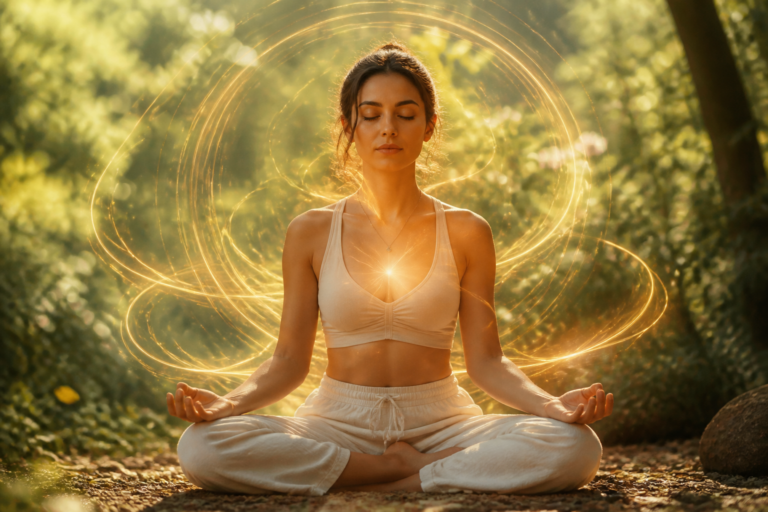 Femme méditant en posture de yoga avec des motifs lumineux symbolisant le magnétisme émotionnel et l'équilibre émotionnel