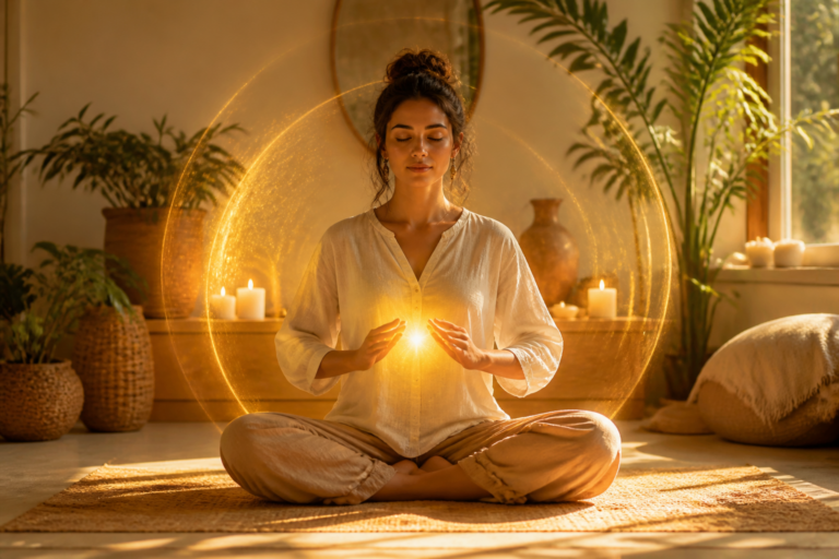 Personne méditant avec les mains devant le plexus solaire, entourée d’une aura lumineuse symbolisant la confiance en soi