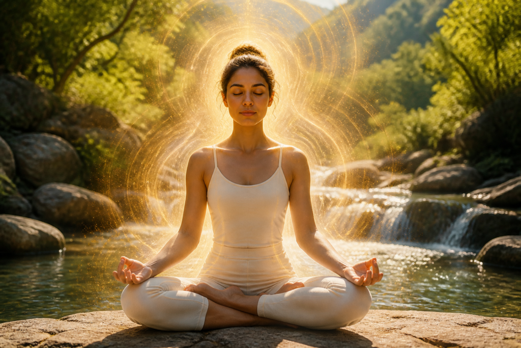 Personne sereine entourée d'une aura lumineuse, symbolisant l'équilibre émotionnel et la confiance en soi dans un cadre naturel apaisant