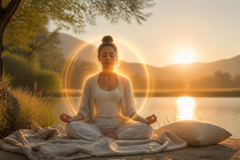 Personne méditant en posture de yoga dans un cadre naturel lumineux, évoquant la relaxation, le magnétisme émotionnel et le lâcher prise.