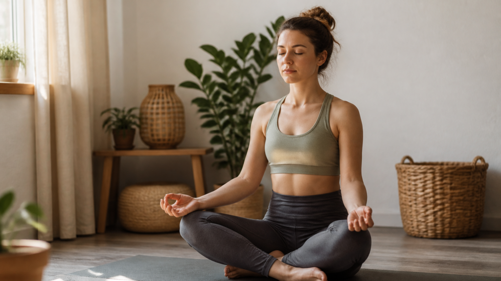 Personne en posture de méditation, assise sur un tapis de yoga dans une pièce lumineuse et paisible, scène évoquant l'apaisement et le recentrage intérieur.