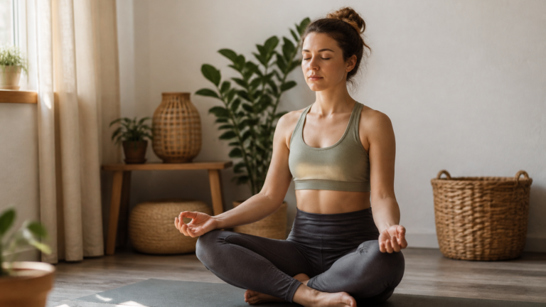 Personne en posture de méditation, assise sur un tapis de yoga dans une pièce lumineuse et paisible, scène évoquant l'apaisement et le recentrage intérieur.