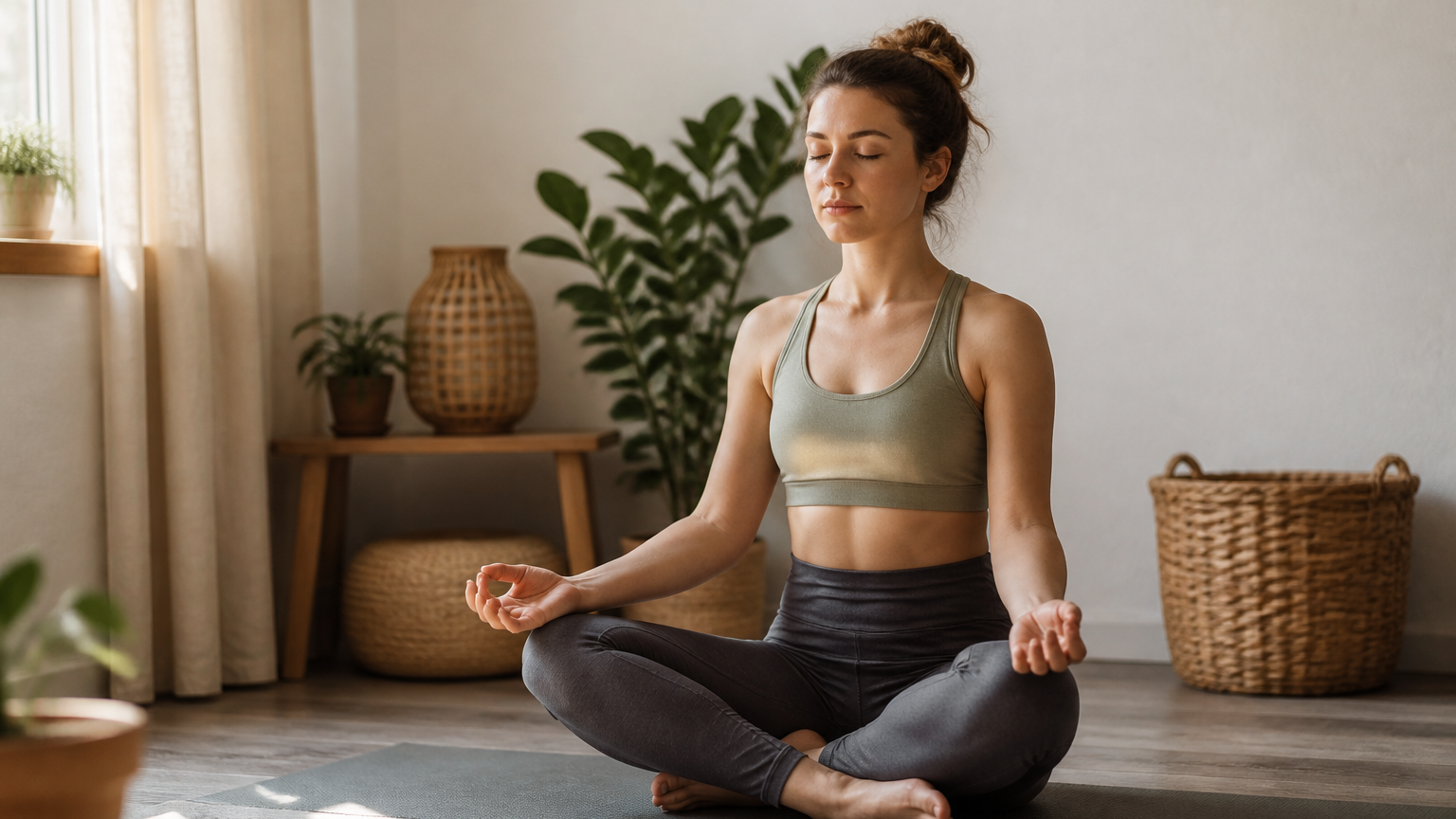 Personne en posture de méditation, assise sur un tapis de yoga dans une pièce lumineuse et paisible, scène évoquant l'apaisement et le recentrage intérieur.