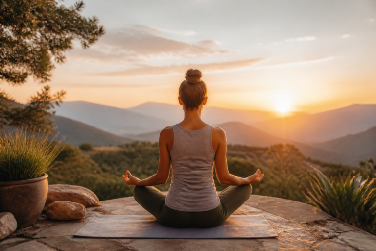 Personne en méditation au lever du soleil dans un cadre naturel serein, symbolisant la détente et le lâcher prise.