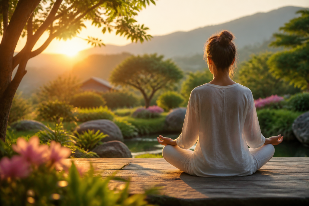 Personne méditant calmement dans un jardin paisible au lever du soleil, symbolisant le lâcher-prise et la tranquillité intérieure.