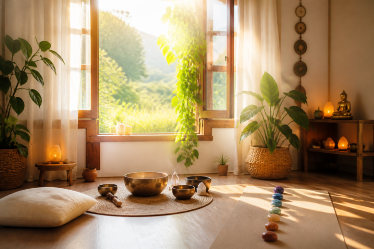 Intérieur lumineux d'une maison avec plantes, bols chantants et lumière naturelle symbolisant le nettoyage énergétique et l'équilibre émotionnel