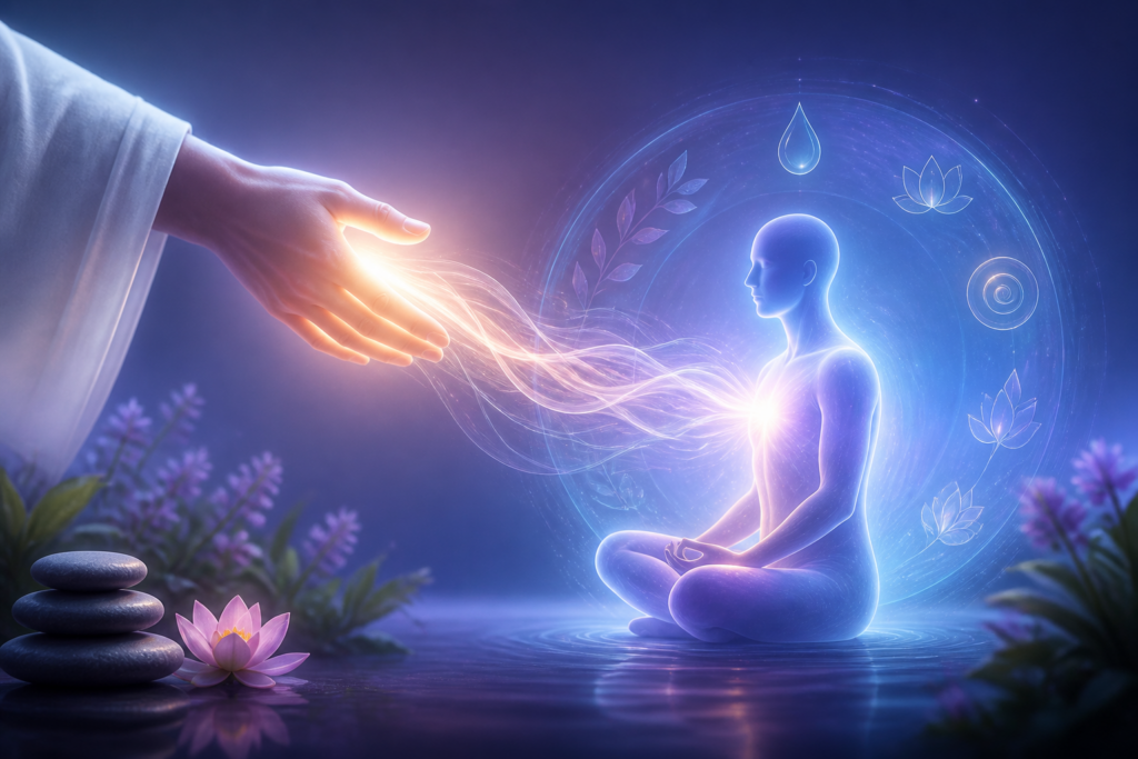 Illustration d'une main transmettant une énergie douce vers une silhouette humaine symbolisant le magnétisme émotionnel et l'équilibre émotionnel.