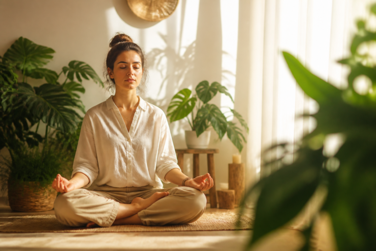 Personne méditant dans un espace apaisant avec des plantes, symbolisant la sérénité et la gestion du stress