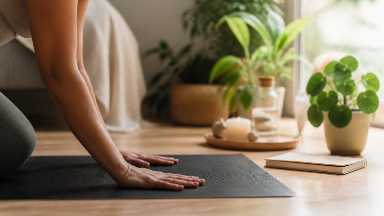 Mains posées calmement sur un tapis de yoga dans une pièce lumineuse et douce, avec plantes en arrière-plan