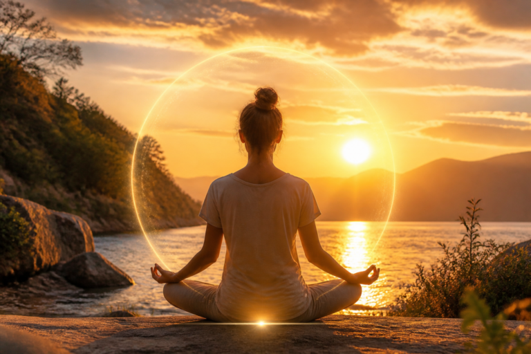 Personne méditant en pleine nature avec une aura lumineuse, symbolisant calme et équilibre émotionnel