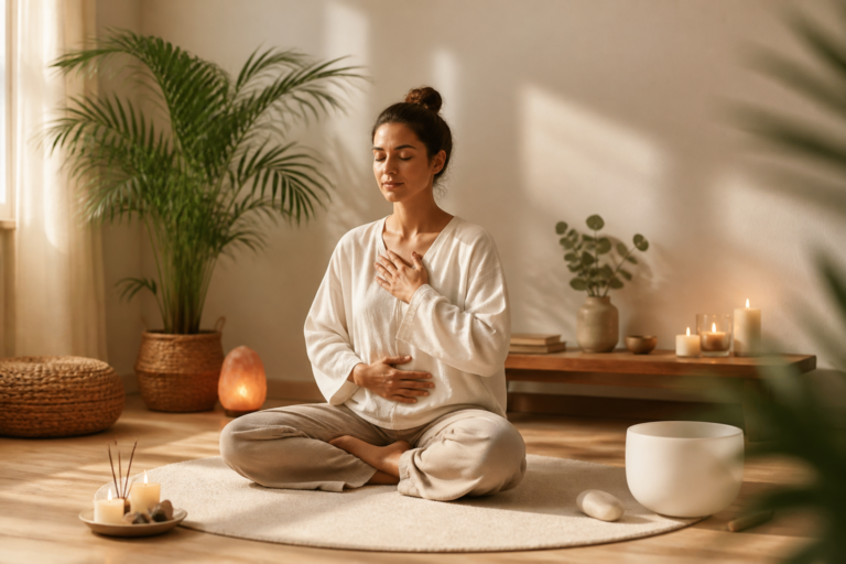 Personne en séance de sophrologie dans un environnement zen et apaisant