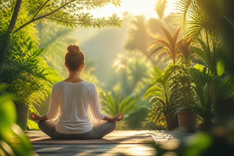 Personne en méditation dans un jardin paisible au lever du soleil symbolisant la gestion naturelle du stress
