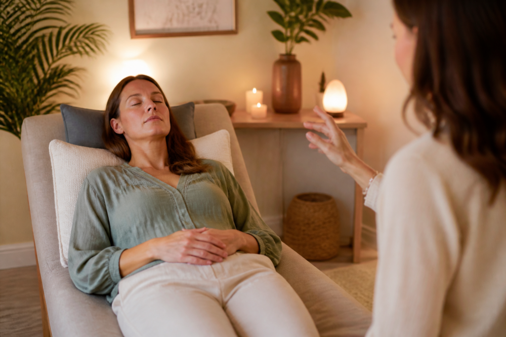 Personne relaxée lors d'une séance d'hypnose dans un environnement calme et apaisant