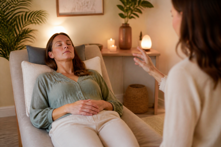 Personne relaxée lors d'une séance d'hypnose dans un environnement calme et apaisant