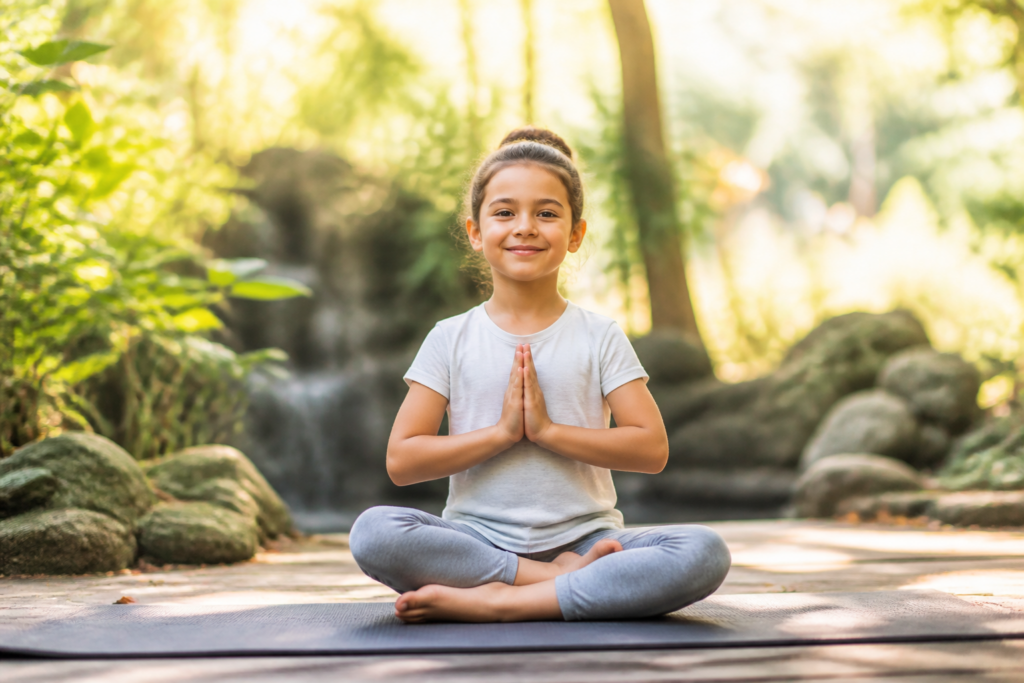 Enfant pratiquant le yoga en plein air dans un environnement naturel apaisant, illustrant l'équilibre émotionnel et la gestion des émotions dès l'enfance.