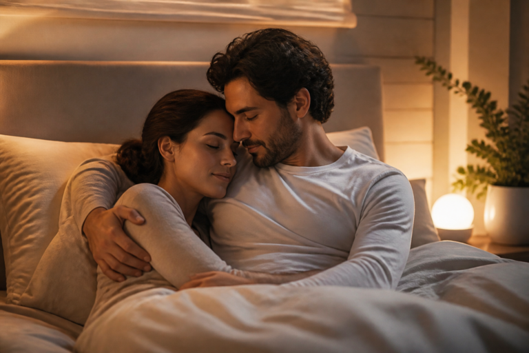 Couple apaisé dans un lit, symbolisant la libération émotionnelle et l’équilibre pour les hypersensibles