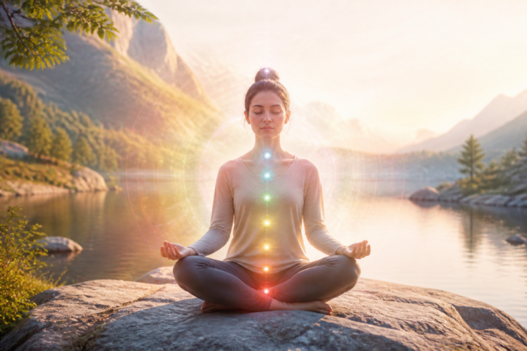 Personne méditant paisiblement entourée d'une aura lumineuse représentant l'équilibre émotionnel