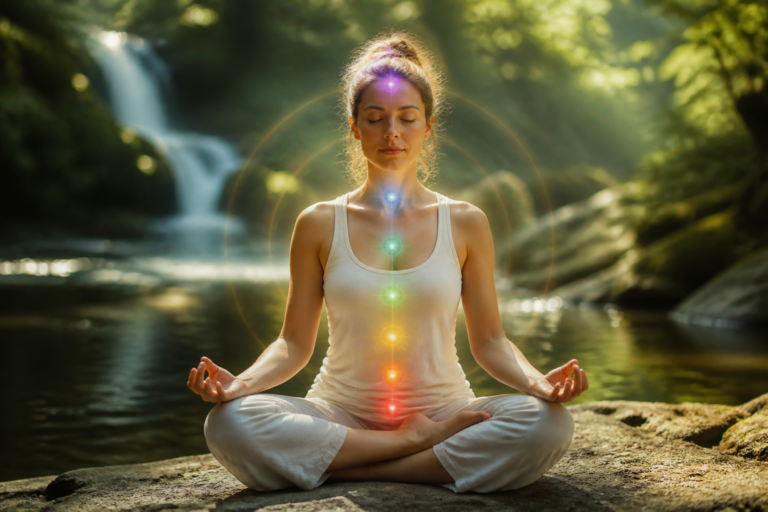 Femme méditant dans la nature avec chakras alignés et halo lumineux symbolisant énergie et équilibre émotionnel