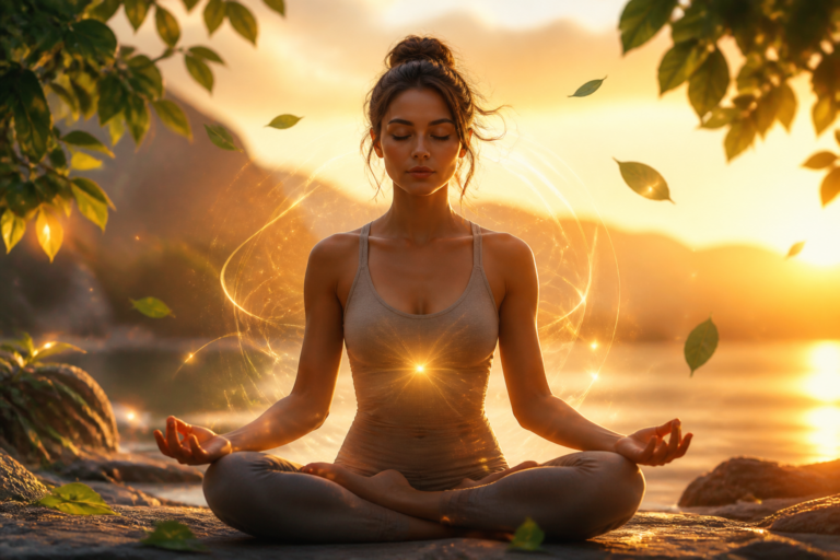 Personne méditant entourée d’une aura lumineuse symbolisant l’équilibre émotionnel et énergétique dans un décor naturel apaisant.