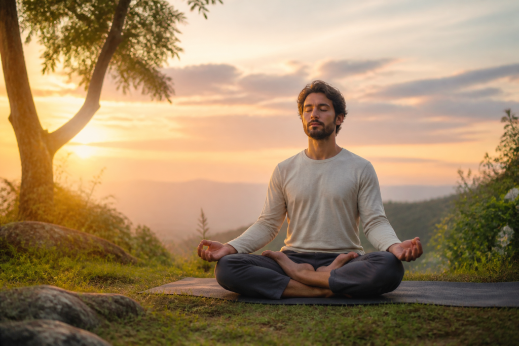 Homme méditant en posture de lotus dans la nature au coucher du soleil, symbolisant le lâcher prise et la sérénité.