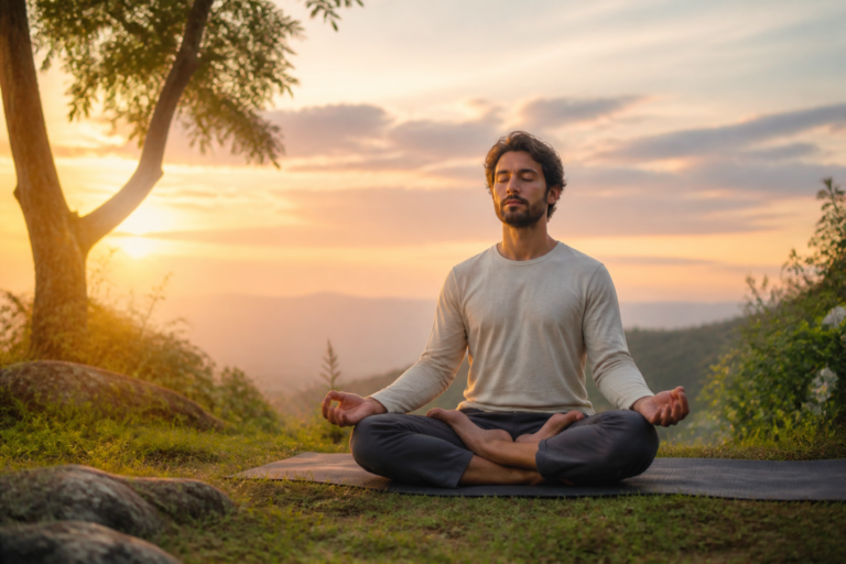 Homme méditant en posture de lotus dans la nature au coucher du soleil, symbolisant le lâcher prise et la sérénité.