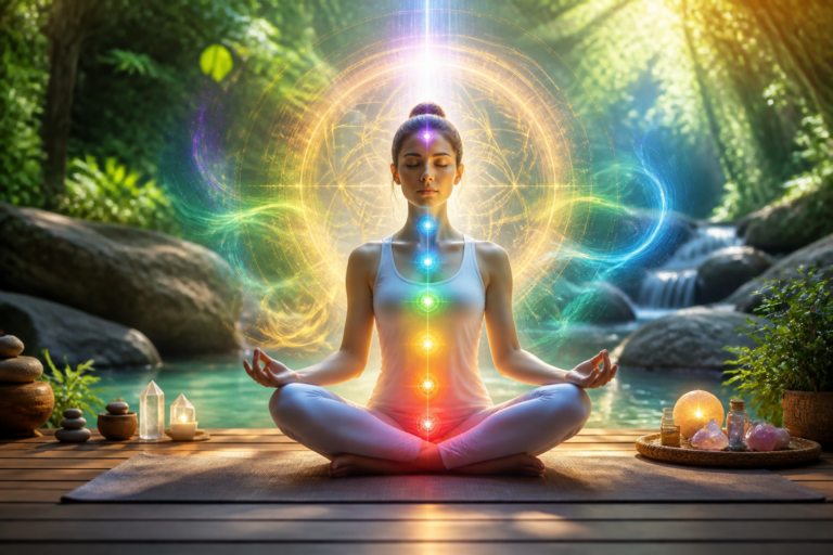 Personne méditant avec une aura lumineuse et flux énergétiques colorés symbolisant le magnétisme émotionnel et le bien-être
