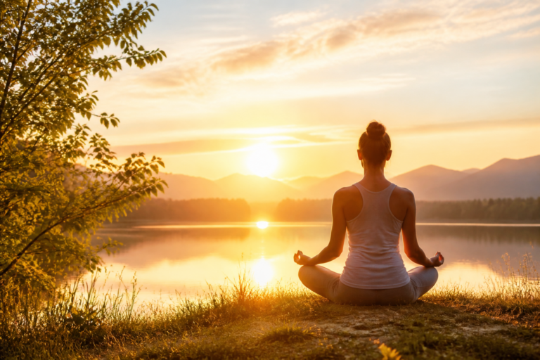 Personne en méditation au lever du soleil dans la nature, symbole de calme et d'équilibre émotionnel