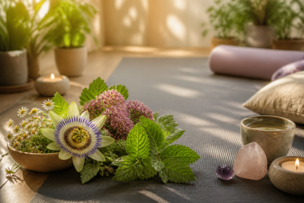 Plantes médicinales apaisantes autour d'un tapis de yoga pour évoquer la phytothérapie et la gestion du stress