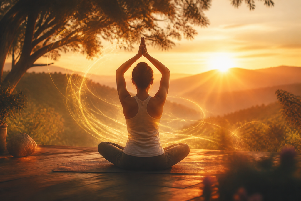 Personne pratiquant le yoga en nature au lever du soleil avec des énergies lumineuses apaisantes autour d'elle