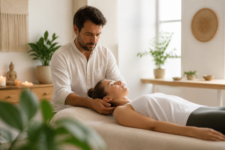 Séance d'ostéopathie dans un cadre serein illustrant la santé douce et l'équilibre émotionnel