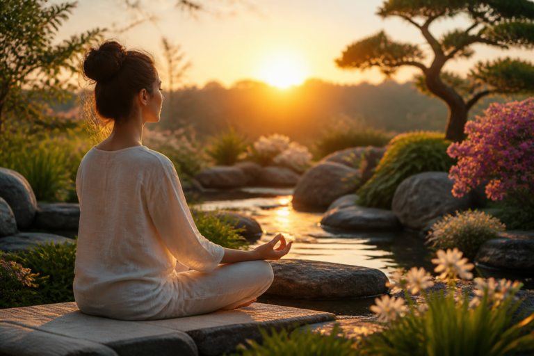 Personne méditant dans un jardin zen au lever du soleil, symbolisant équilibre émotionnel et bienveillance