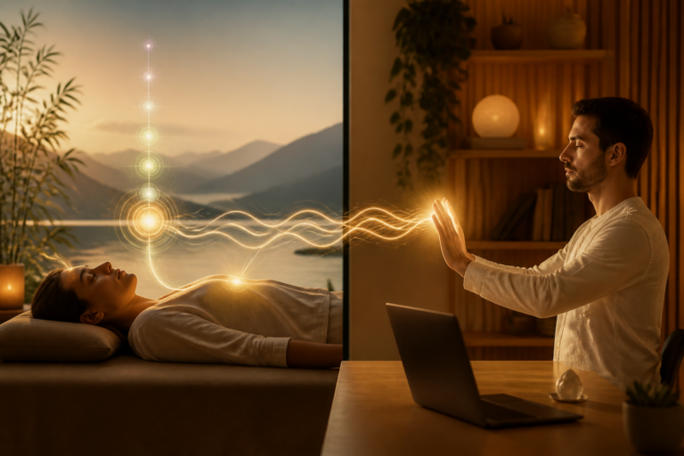 Représentation symbolique d'une séance de magnétisme émotionnel à distance avec des flux d'énergie entre praticien et patient dans un environnement apaisant