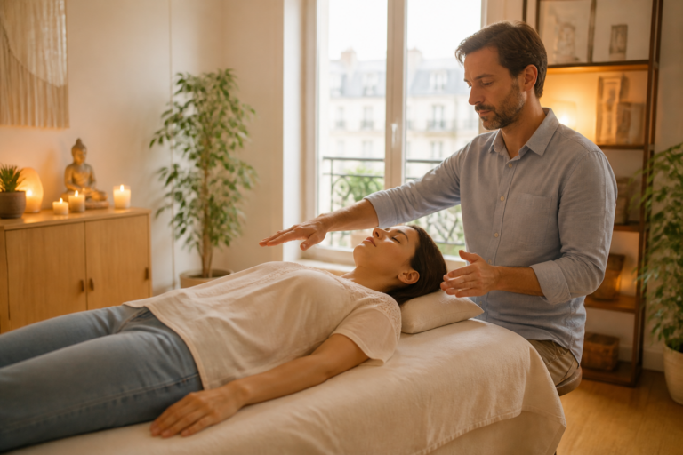 Magnétiseur effectuant une séance de magnétisme émotionnel dans un cabinet lumineux et apaisant à Paris