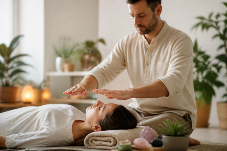 Personne recevant une séance de Reiki dans un environnement calme et apaisant