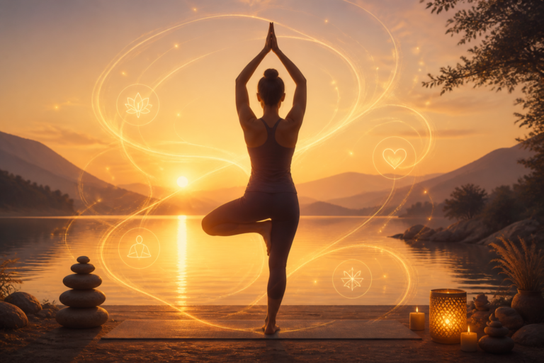 Silhouette en posture de yoga au coucher du soleil symbolisant le magnétisme émotionnel et la confiance en soi