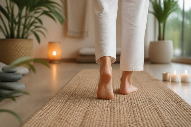 Pieds nus sur tapis naturel dans un environnement apaisant symbolisant la réflexologie plantaire pour le bien-être émotionnel