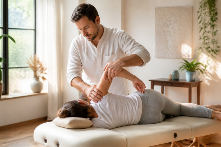 Ostéopathe pratiquant une séance de soins manuels dans un cabinet serein et lumineux