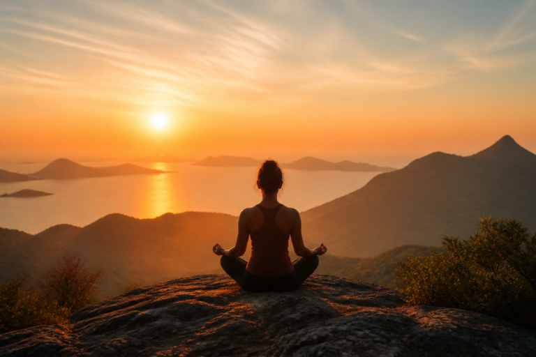 Silhouette méditant au lever du soleil dans un paysage naturel symbolisant la paix intérieure