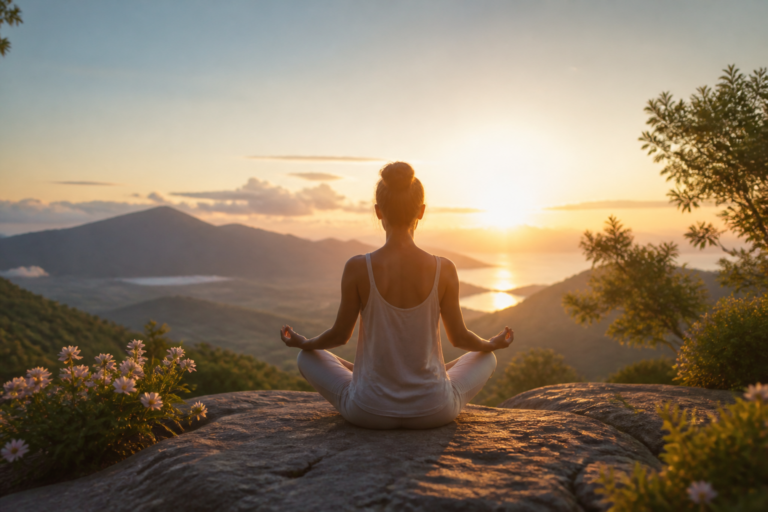 Personne méditant paisiblement au lever du soleil dans un paysage naturel calme