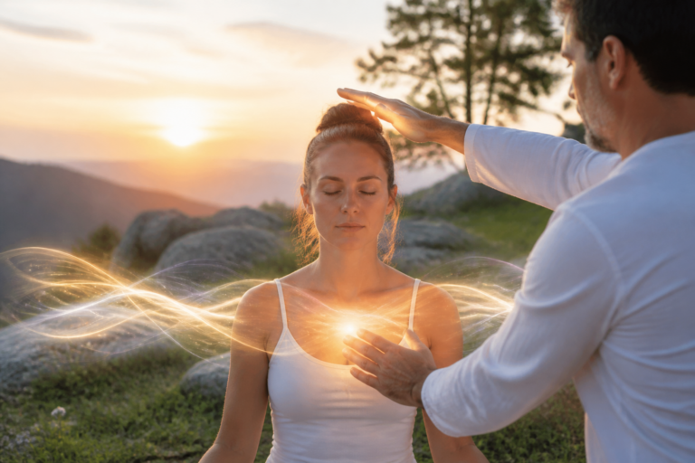 Personne en position de yoga au lever du soleil, symbolisant l'équilibre émotionnel et le destressant naturel