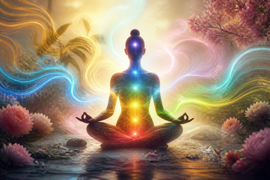 Illustration d'une personne entourée de flux d'énergie colorés symbolisant le magnétisme émotionnel, dans un cadre naturel et apaisant