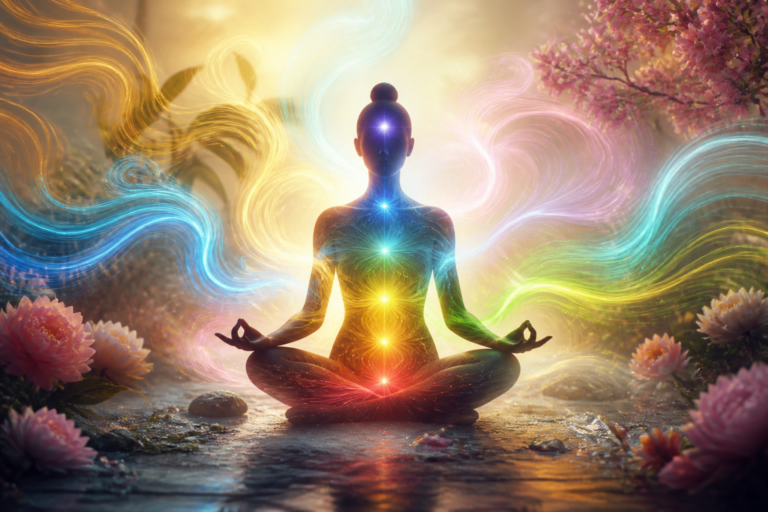 Illustration d'une personne entourée de flux d'énergie colorés symbolisant le magnétisme émotionnel, dans un cadre naturel et apaisant