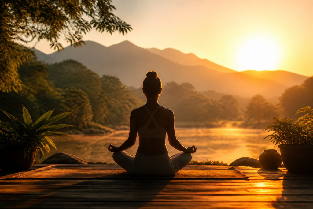 Personne méditant au lever du soleil dans un cadre naturel paisible, symbolisant le lâcher-prise et la sérénité