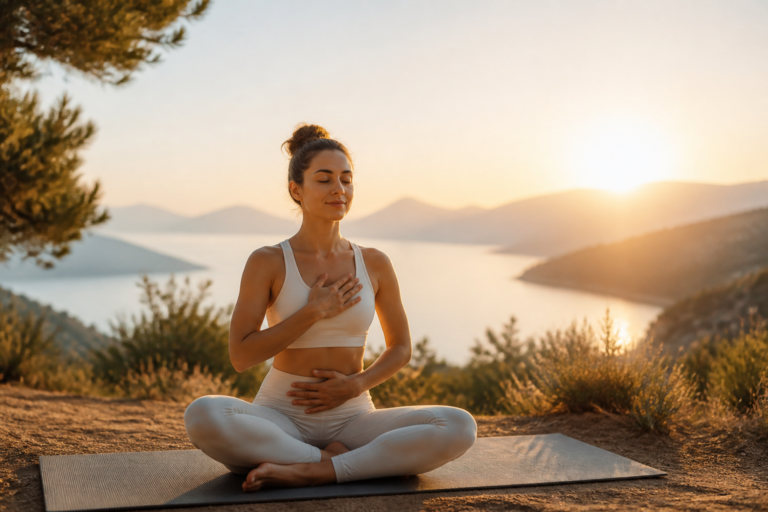 Femme pratiquant le yoga au lever du soleil dans un cadre naturel apaisant, symbolisant l'équilibre émotionnel et la sérénité