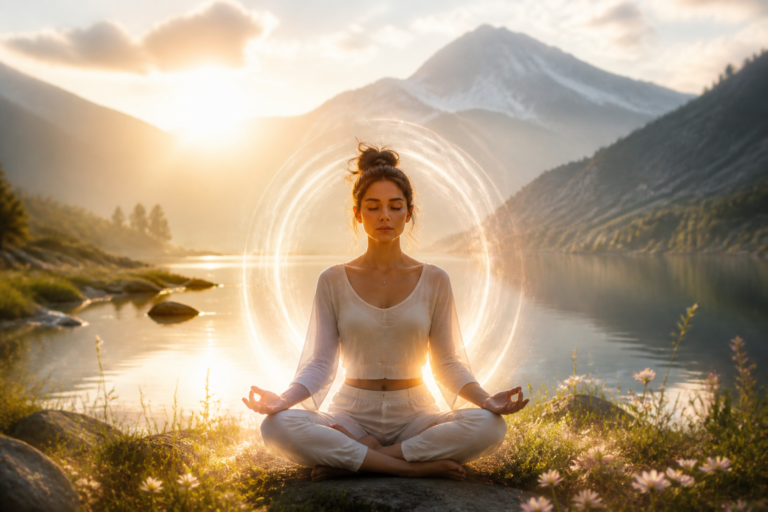 Personne en méditation au milieu de la nature avec une aura lumineuse représentant l'équilibre émotionnel